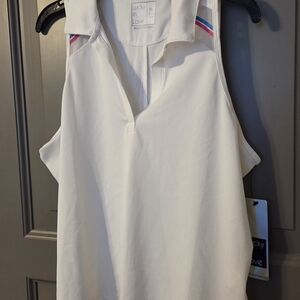 Lucky in Love Women's White Sleeveless Blouse with Pink and Blue Accents